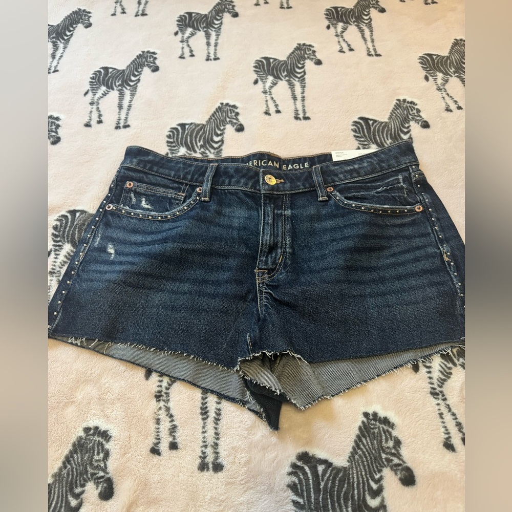 American Eagle Outfitters Women's Distressed Dark Blue Jean Shorts